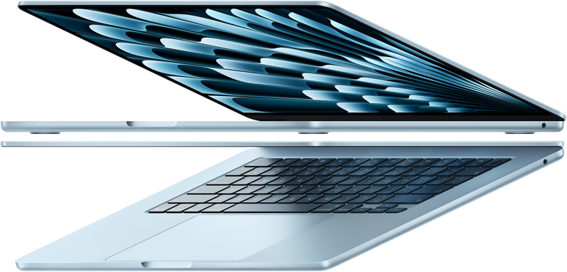 Zwei geöffnete MacBook Air Laptops in Farbe Himmelblau bilden einen Pfeil, um das dünne Profil zu betonen