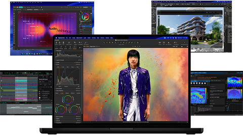 Verschiedene bunte Inhalte auf dem Display aus Apps für Musikproduktion, Grafikdesign, 3D Animation und Fotobearbeitung auf dem Mac, die eine leistungsstarke Grafikperformance demonstrieren