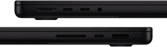 Die Anschlüsse des MacBook Pro werden gezeigt – linke Seite: MagSafe 3, zwei Thunderbolt Anschlüsse und Kopfhöreranschluss – rechte Seite: SDXC Kartensteckplatz, ein Thunderbolt Anschluss und HDMI