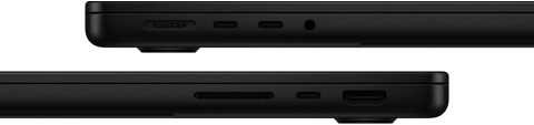 Die Anschlüsse des MacBook Pro werden gezeigt – linke Seite: MagSafe 3, zwei Thunderbolt Anschlüsse und Kopfhöreranschluss – rechte Seite: SDXC Kartensteckplatz, ein Thunderbolt Anschluss und HDMI