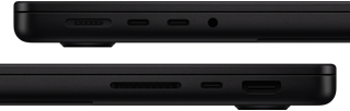 Die Anschlüsse des MacBook Pro werden gezeigt – linke Seite: MagSafe 3, zwei Thunderbolt Anschlüsse und Kopfhöreranschluss – rechte Seite: SDXC Kartensteckplatz, ein Thunderbolt Anschluss und HDMI