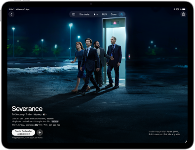 iPad Air, Vorderansicht, das Display zeigt Severance in der Apple TV App